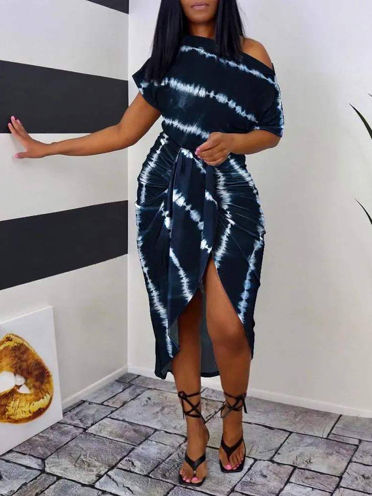 Tie Dye Print Ruched Slit Casual Dress