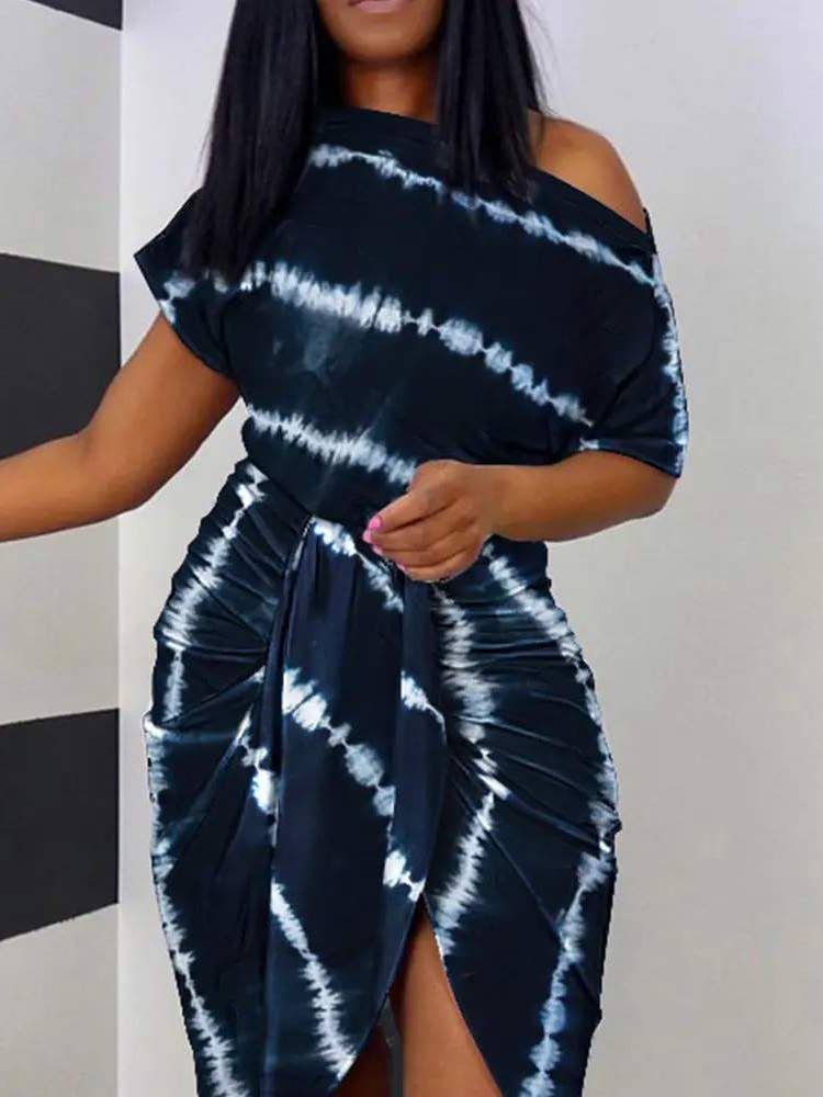 Tie Dye Print Ruched Slit Casual Dress