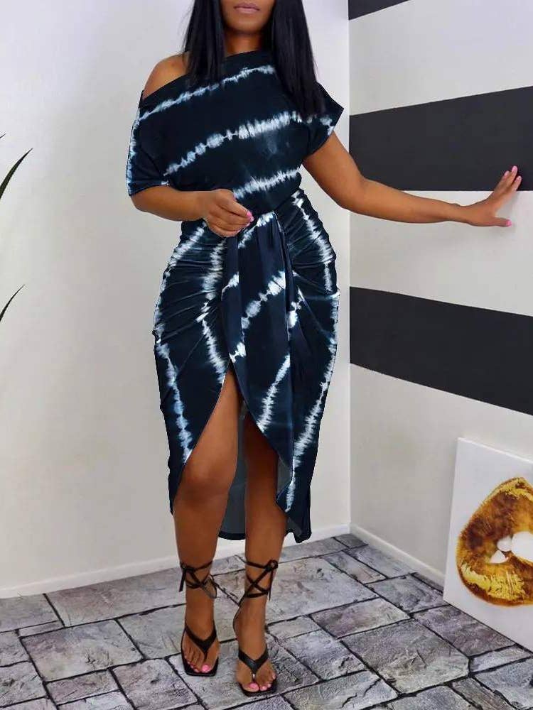 Tie Dye Print Ruched Slit Casual Dress